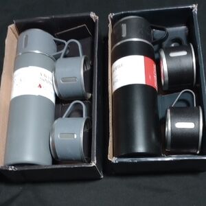 Travel Vacuum Flask Set with Two Cups - Black & Gray